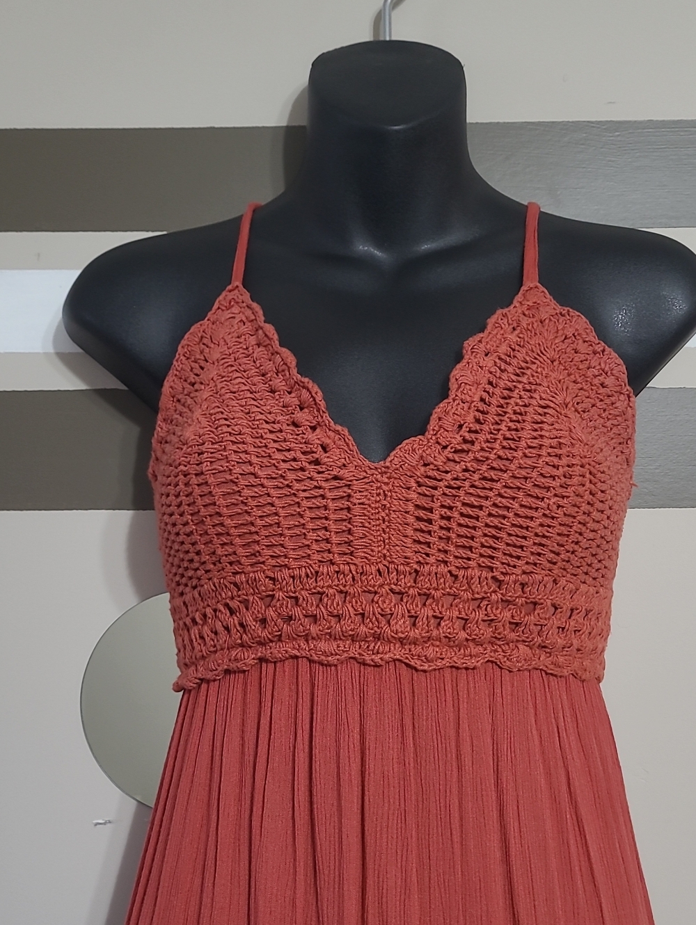 Streetwear Society Rust Crochet-Bodice High-Low Rayon,/Cotton Maxi Dress Sz SM - Picture 3 of 14